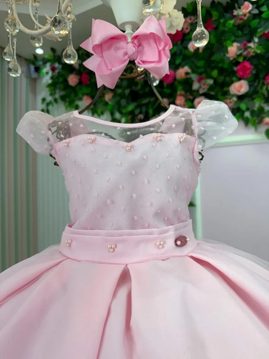 Vestido Infantil Isabela Mini Miss Tule Micro Poá Pérolas