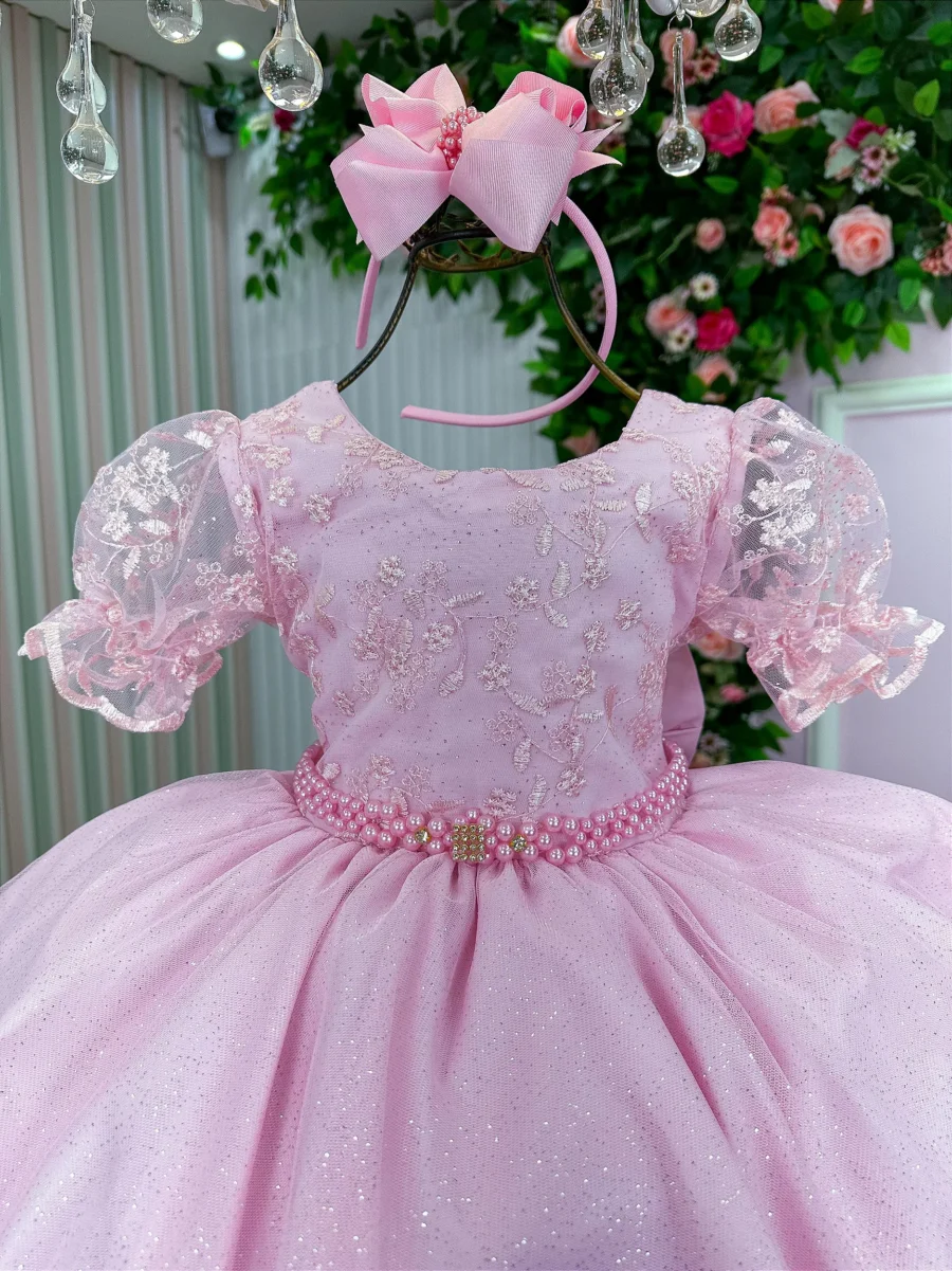 Vestido Infantil Bella Child Laize Tule Renda Cinto Pérolas