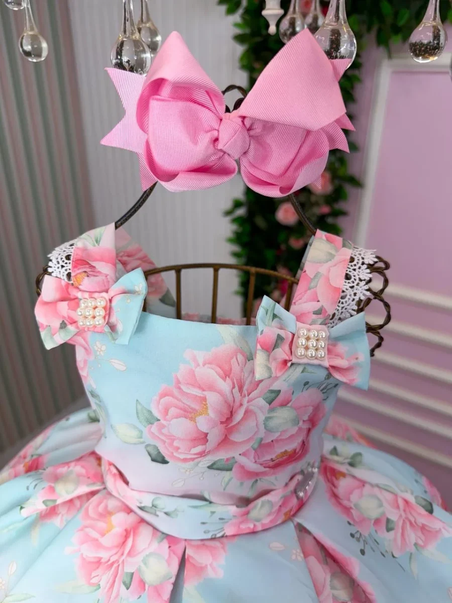 Vestido Infantil Florido Mini Miss com Saiote Lorena Laura