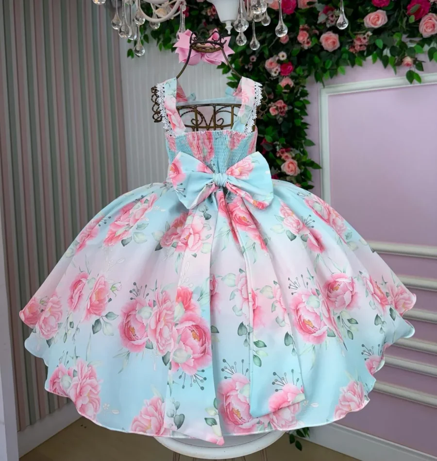 Vestido Infantil Florido Mini Miss com Saiote Lorena Laura