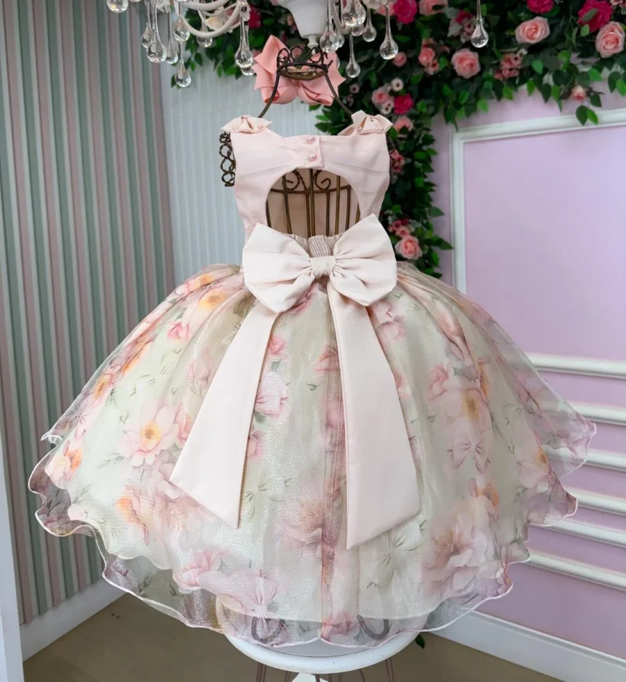 Vestido Infantil Florido Mini Miss com Saiote Lorena Laura