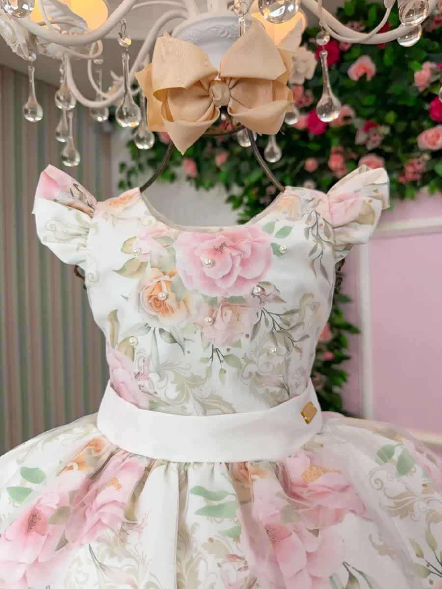 Vestido Infantil Florido Mini Miss com Saiote Lorena Laura