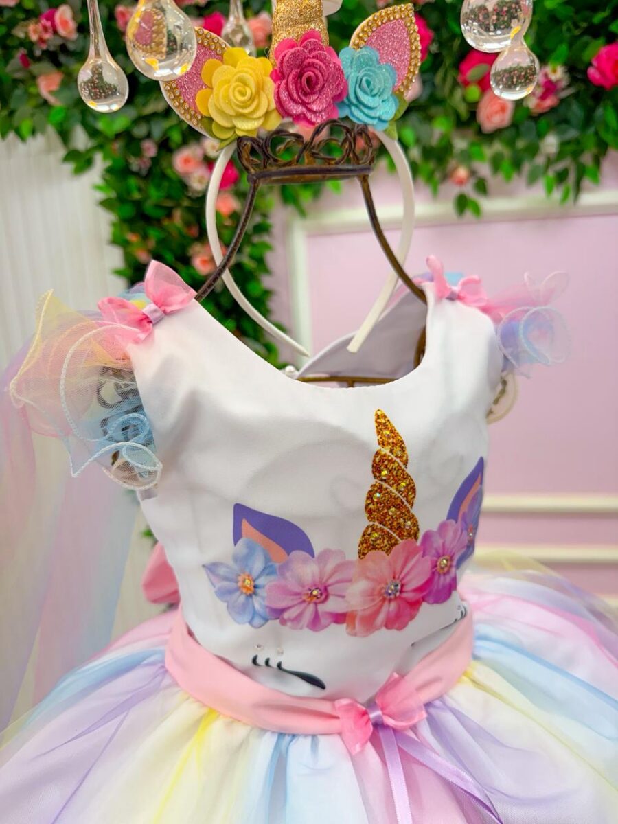 Vestido Infantil Temático Unicórnio Mini Miss Arco-Íris Tule