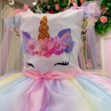 Vestido Infantil Temático Unicórnio Mini Miss Arco-Íris Tule