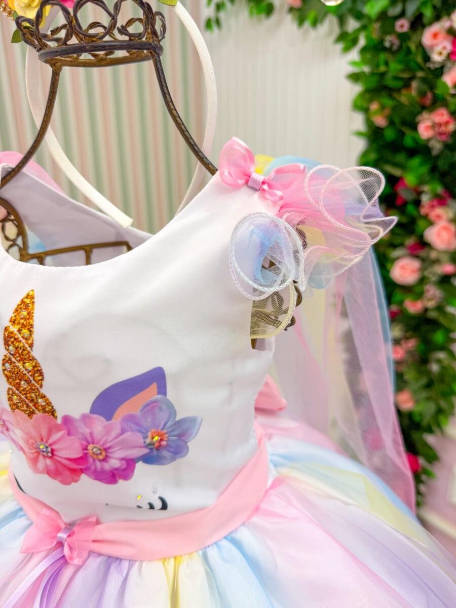Vestido Infantil Temático Unicórnio Mini Miss Arco-Íris Tule