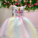 Vestido Infantil Temático Unicórnio Mini Miss Arco-Íris Tule