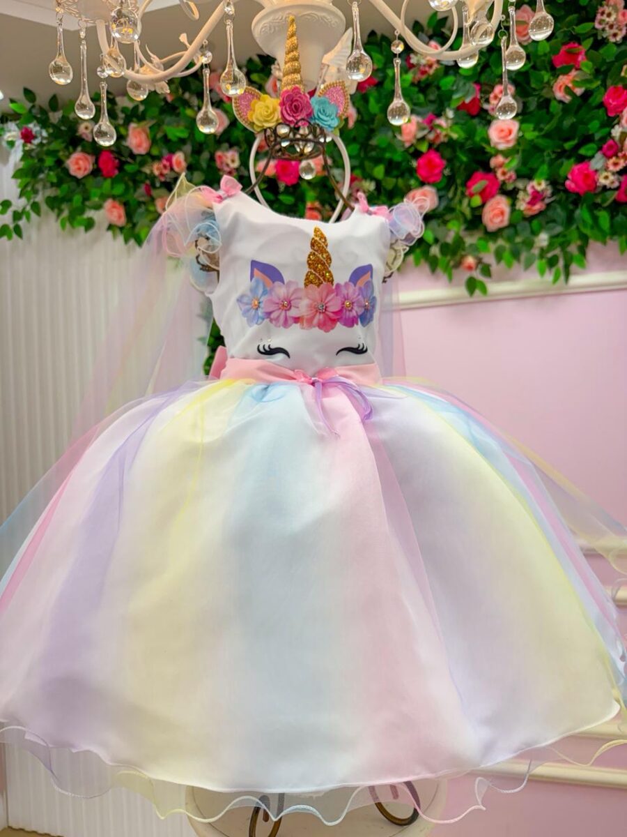 Vestido Infantil Temático Unicórnio Mini Miss Arco-Íris Tule