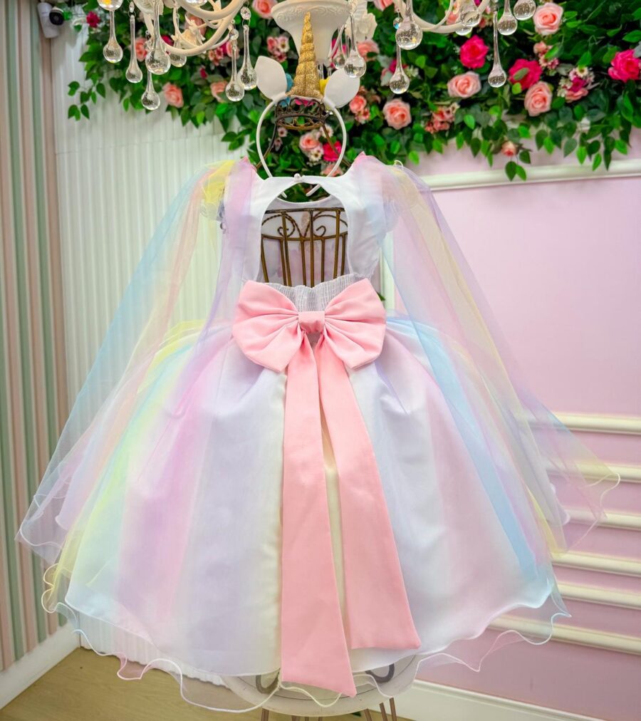 Vestido Infantil Temático Unicórnio Mini Miss Arco-Íris Tule