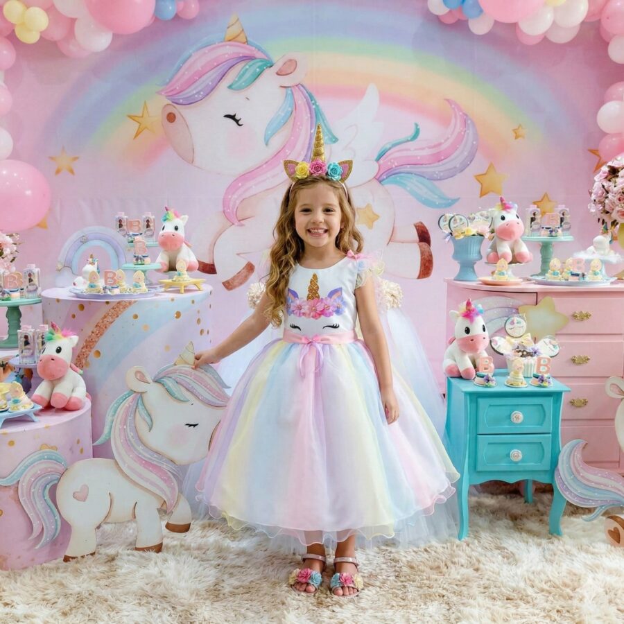 Vestido Infantil Temático Unicórnio Mini Miss Arco-Íris Tule
