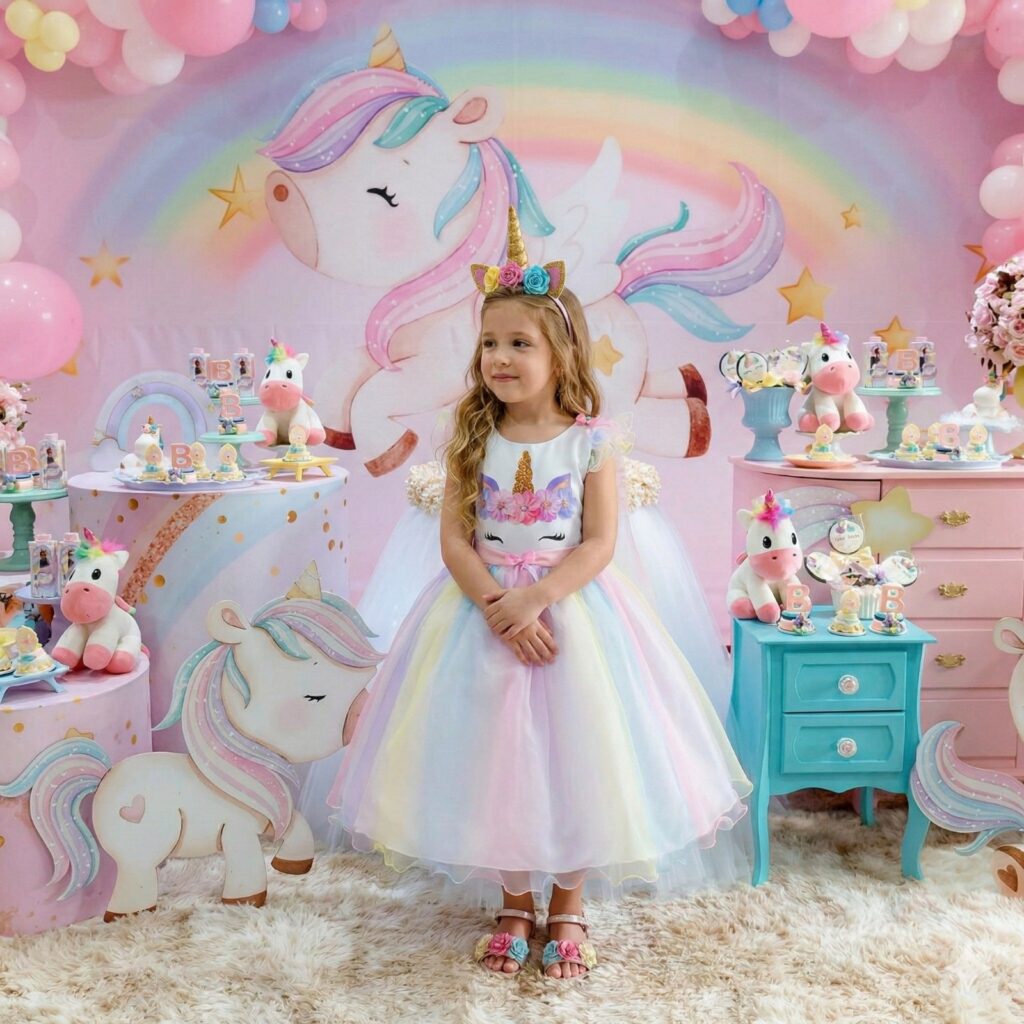 Vestido Infantil Temático Unicórnio Mini Miss Arco-Íris Tule