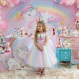 Vestido Infantil Temático Unicórnio Mini Miss Arco-Íris Tule