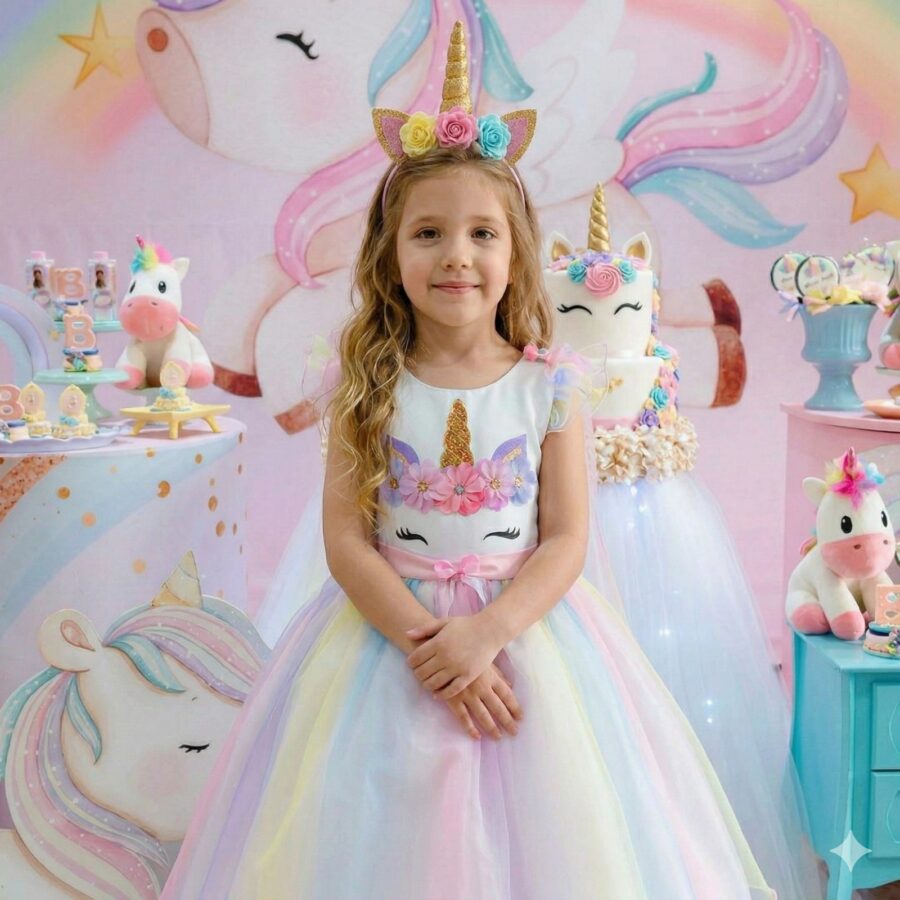 Vestido Infantil Temático Unicórnio Mini Miss Arco-Íris Tule