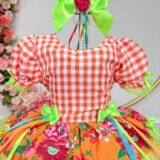 Vestido Junino Infantil Caipira Xadrez Laranja com Flores