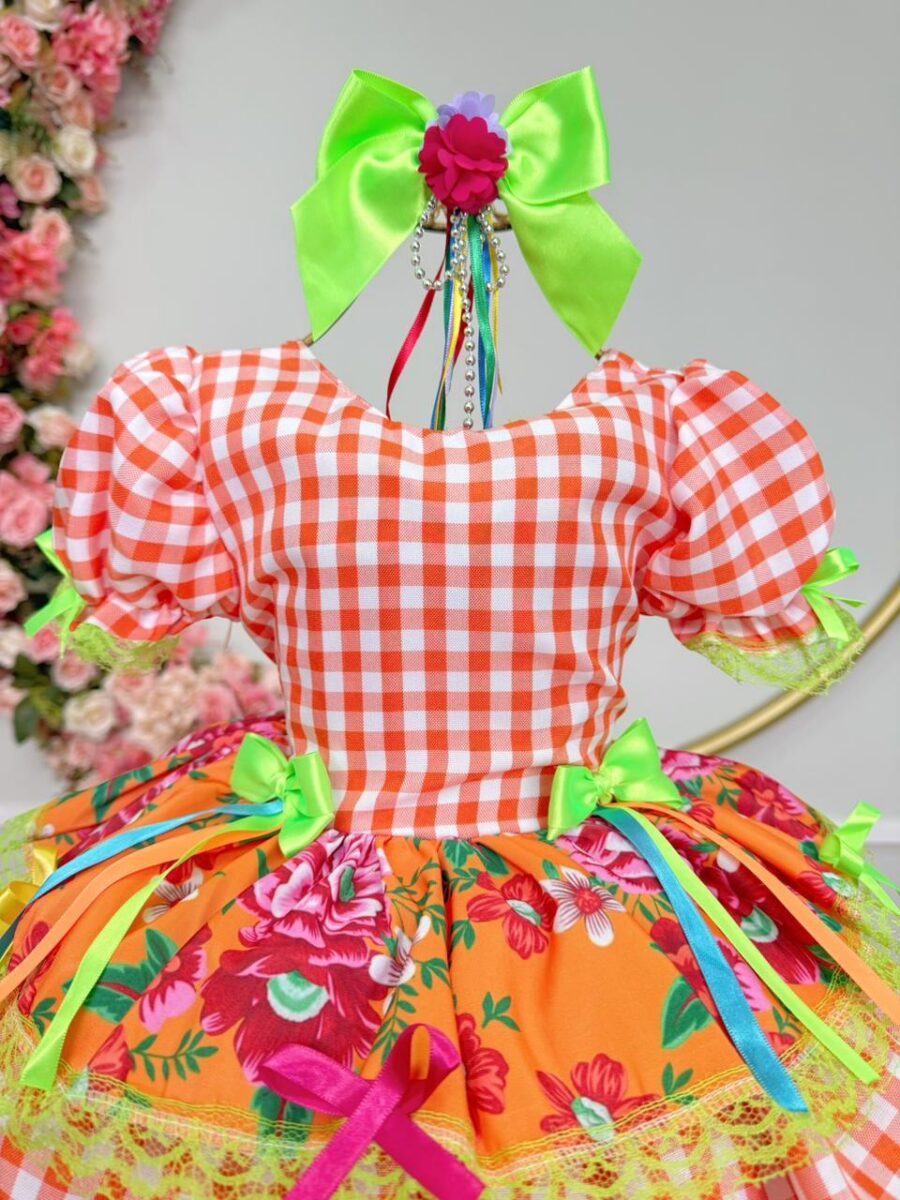 Vestido Junino Infantil Caipira Xadrez Laranja com Flores