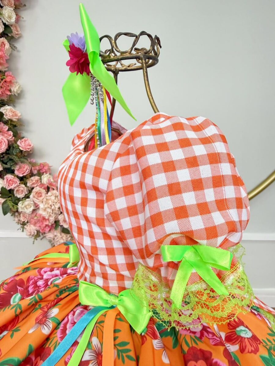 Vestido Junino Infantil Caipira Xadrez Laranja com Flores