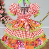 Vestido Junino Infantil Caipira Xadrez Laranja com Flores