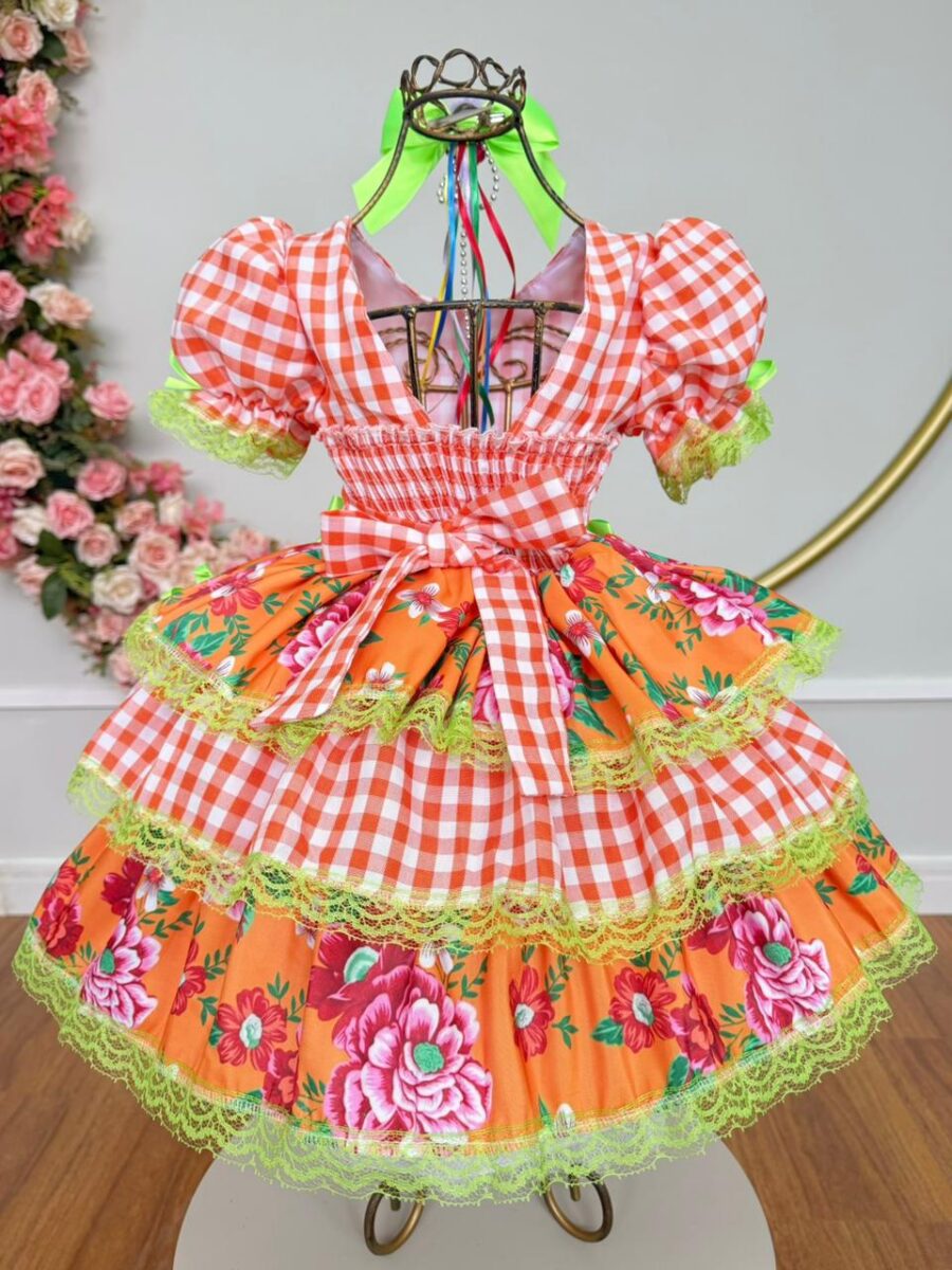 Vestido Junino Infantil Caipira Xadrez Laranja com Flores