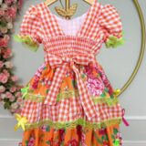 Vestido Junino Infantil Caipira Xadrez Laranja com Flores