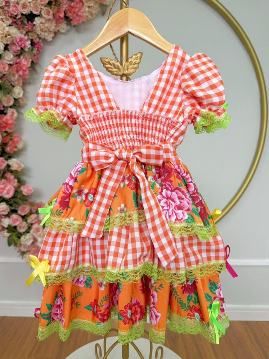 Vestido Junino Infantil Caipira Xadrez Laranja com Flores