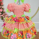 Vestido Junino Infantil Caipira Xadrez Laranja com Flores