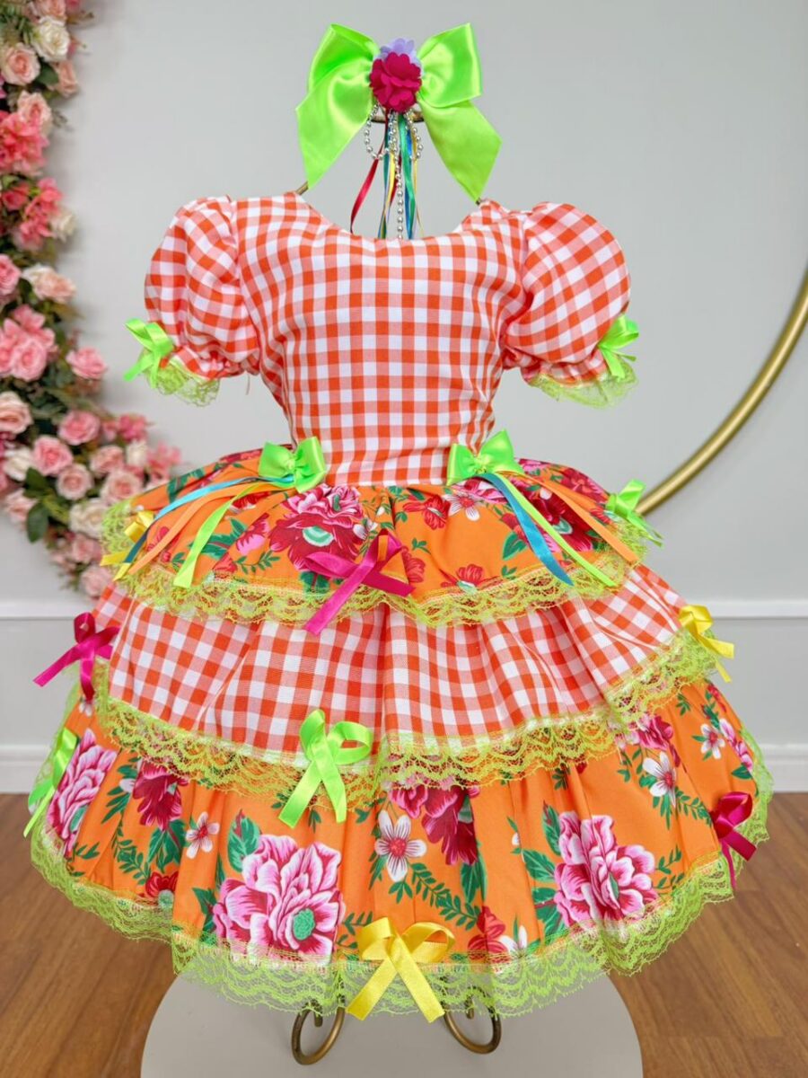 Vestido Junino Infantil Caipira Xadrez Laranja com Flores