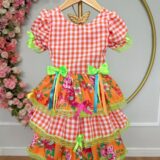 Vestido Junino Infantil Caipira Xadrez Laranja com Flores