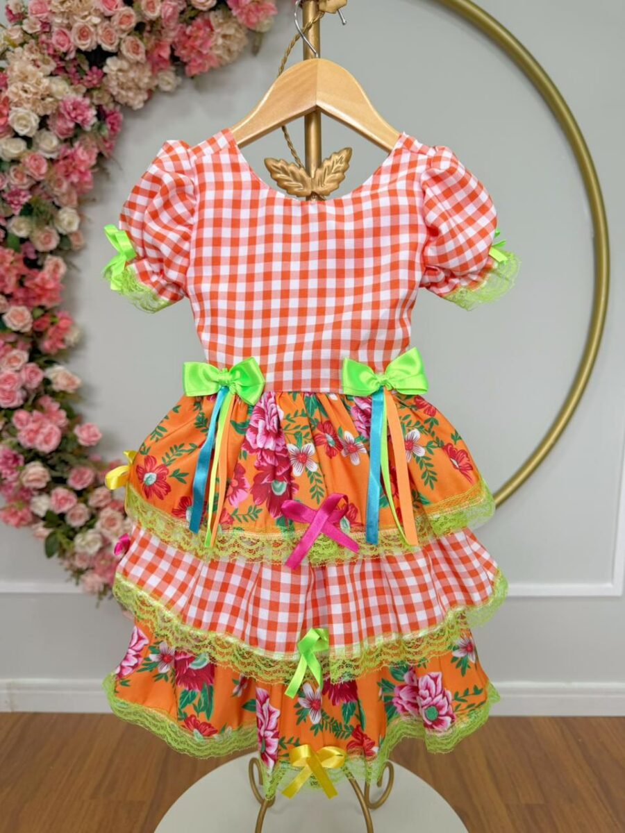 Vestido Junino Infantil Caipira Xadrez Laranja com Flores