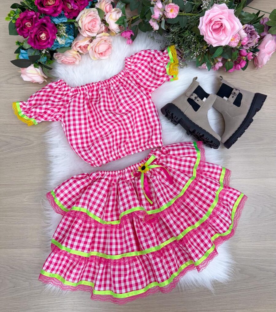 Conjunto Junino Infantil Banana Club Gabriela Xadrez Pink