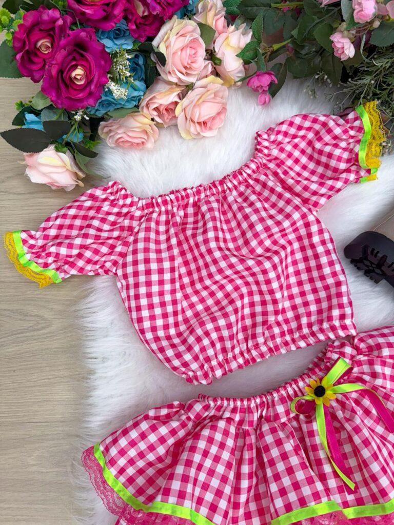 Conjunto Junino Infantil Banana Club Gabriela Xadrez Pink