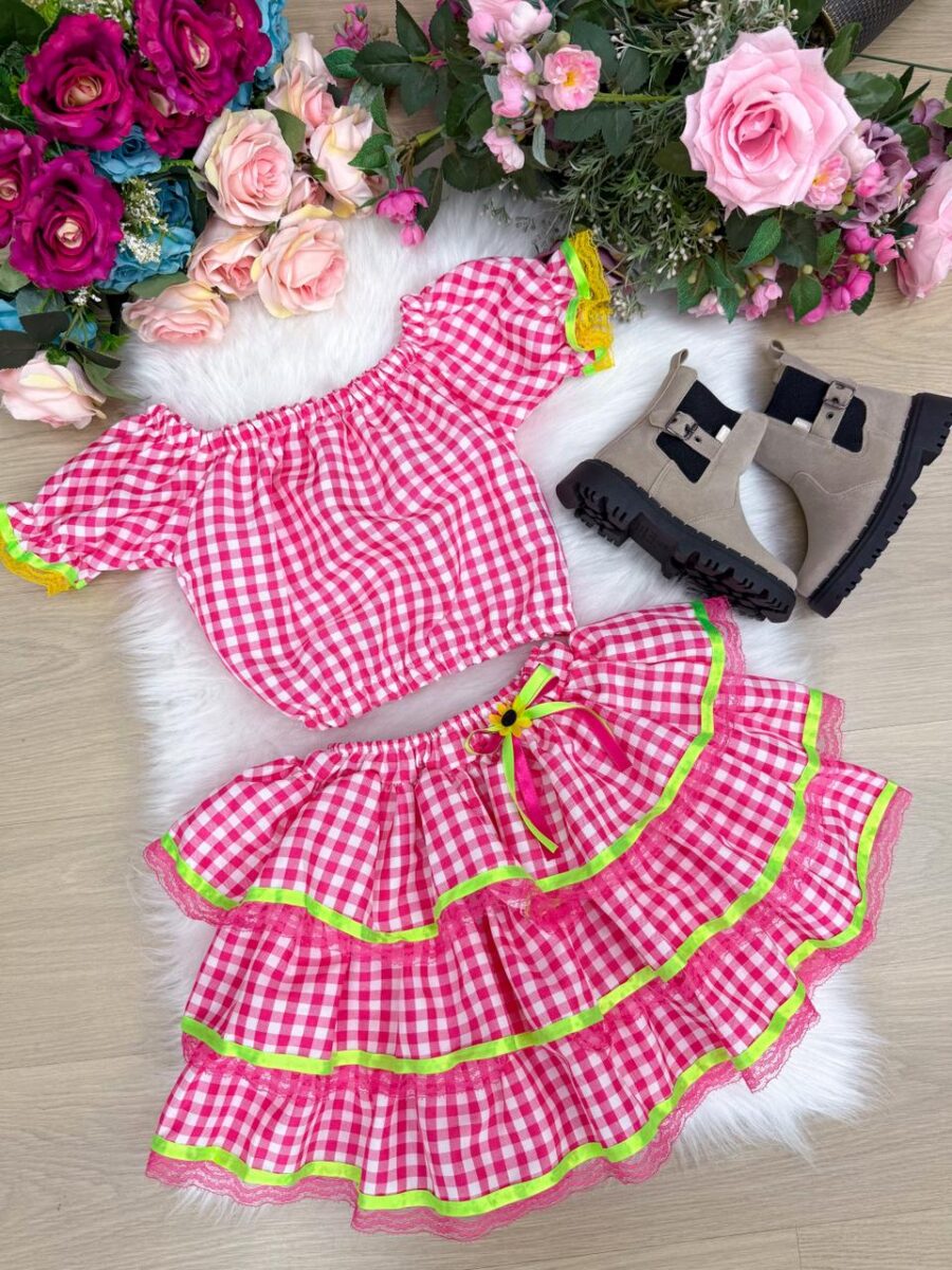 Conjunto Junino Infantil Banana Club Gabriela Xadrez Pink