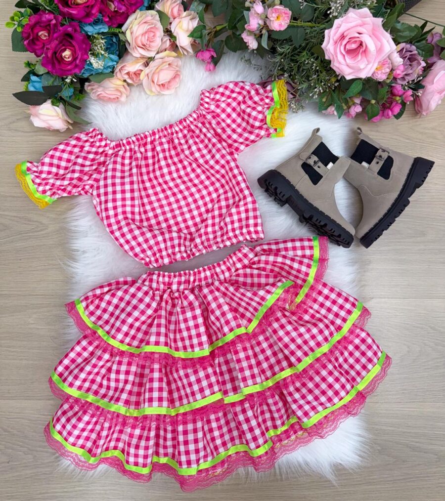 Conjunto Junino Infantil Banana Club Gabriela Xadrez Pink