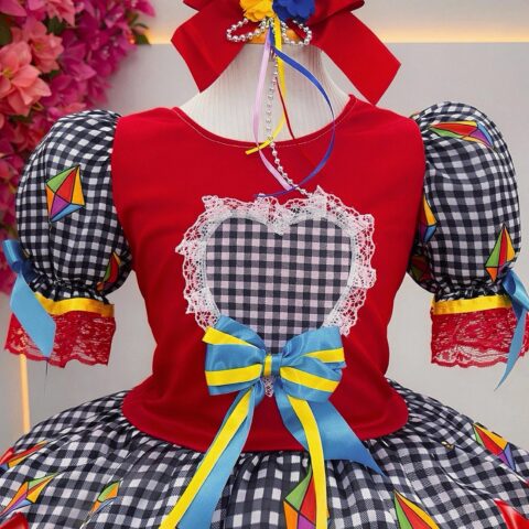 Vestido Junino Infantil São João Vermelho e Xadrez Preto