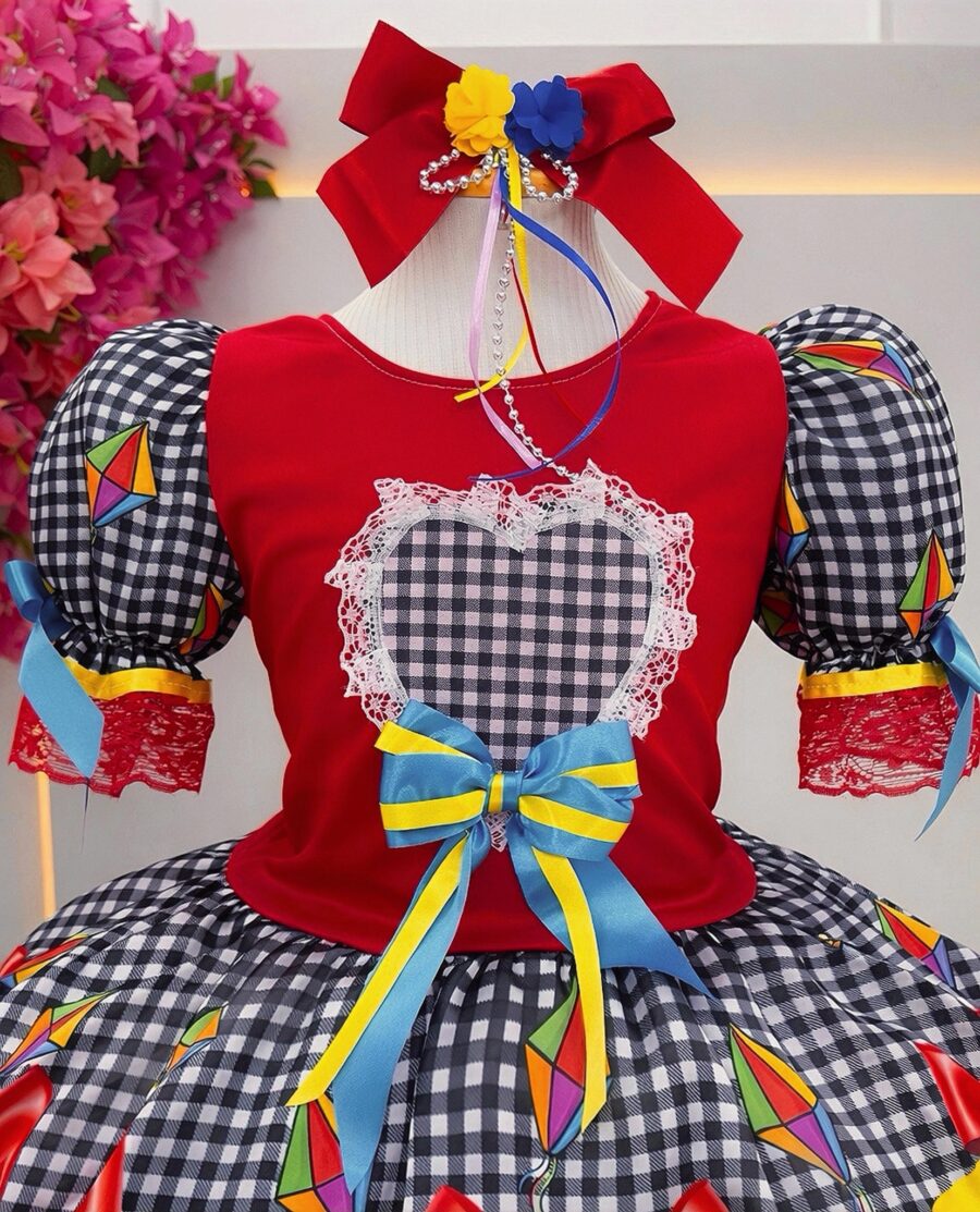 Vestido Junino Infantil São João Vermelho e Xadrez Preto