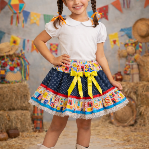 Saia Junina Infantil Caipira Preta Poá Estampa Circo
