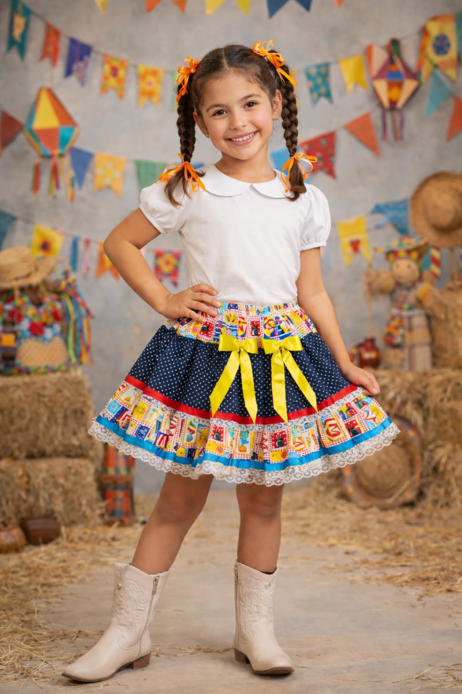 Saia Junina Infantil Caipira Preta Poá Estampa Circo