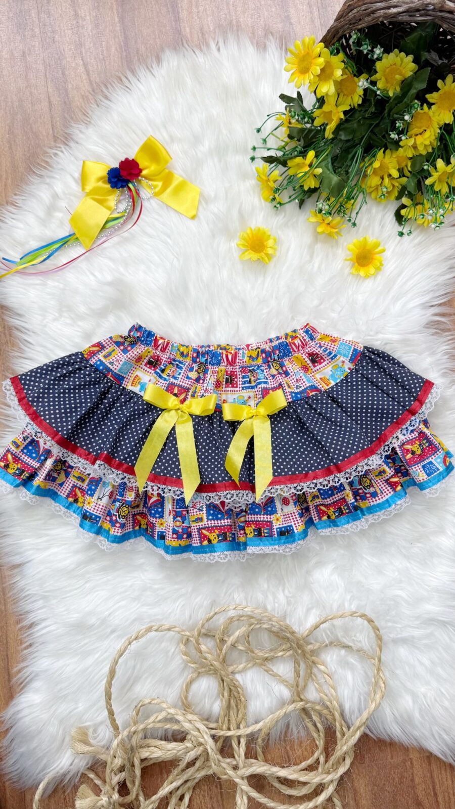 Saia Junina Infantil Caipira Preta Poá Estampa Circo