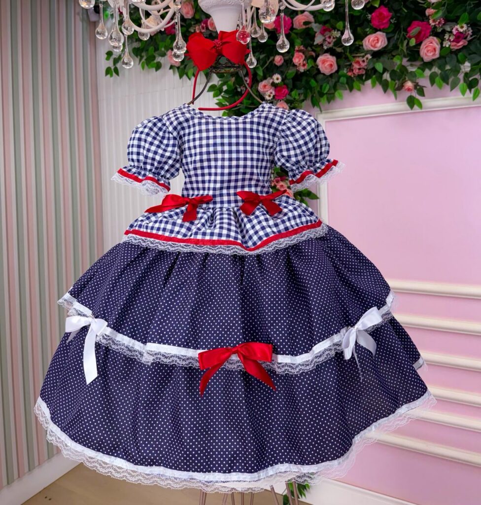 Vestido Junino Infantil Mimadine Stefanny Azul Marinho