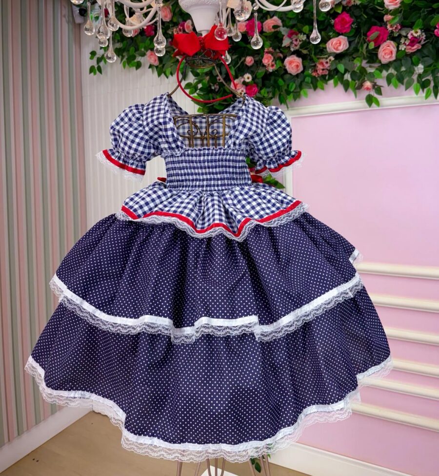 Vestido Junino Infantil Mimadine Stefanny Azul Marinho