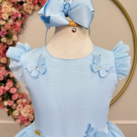 Vestido Infantil Azul Claro Jardim Encantado com Apliques