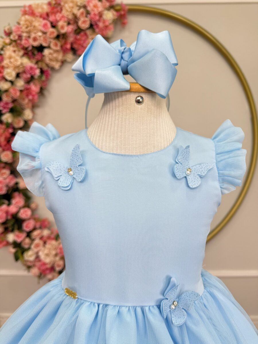 Vestido Infantil Azul Claro Jardim Encantado com Apliques