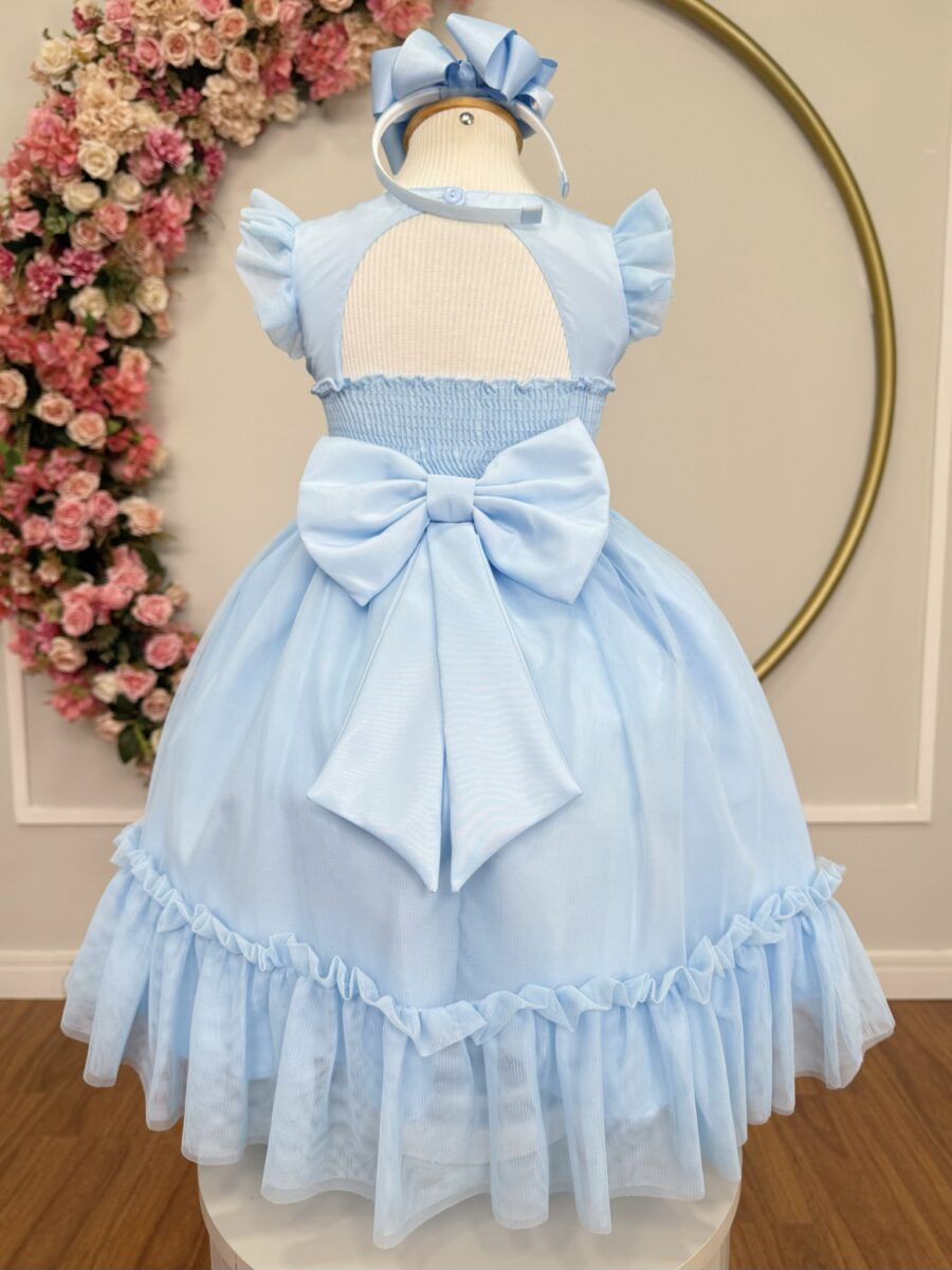 Vestido Infantil Azul Claro Jardim Encantado com Apliques