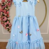 Vestido Infantil Azul Claro Jardim Encantado com Apliques