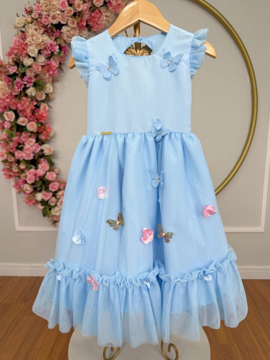 Vestido Infantil Azul Claro Jardim Encantado com Apliques
