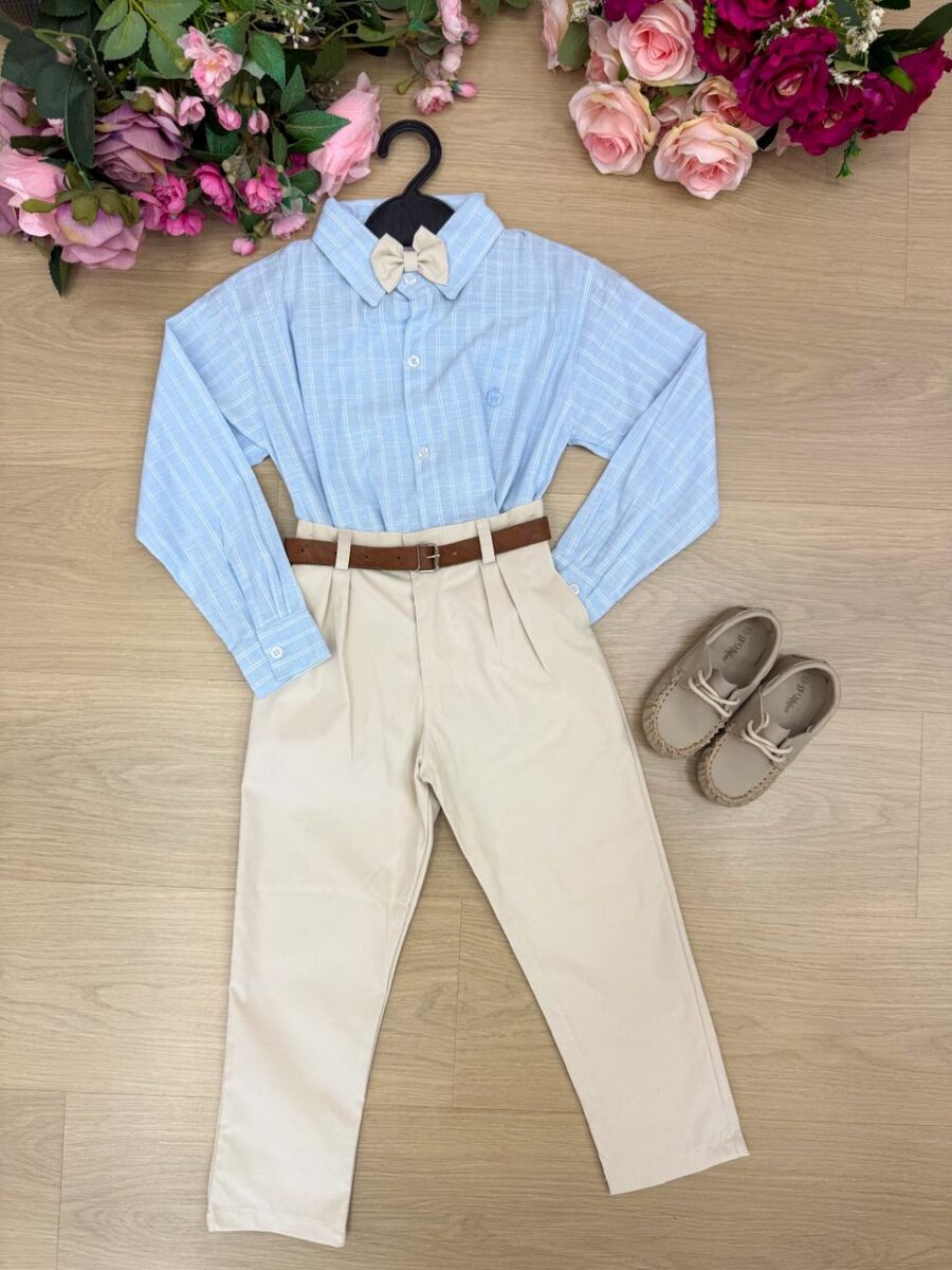 Conjunto Infantil Miss Cherry Henrique Azul Calça Bege