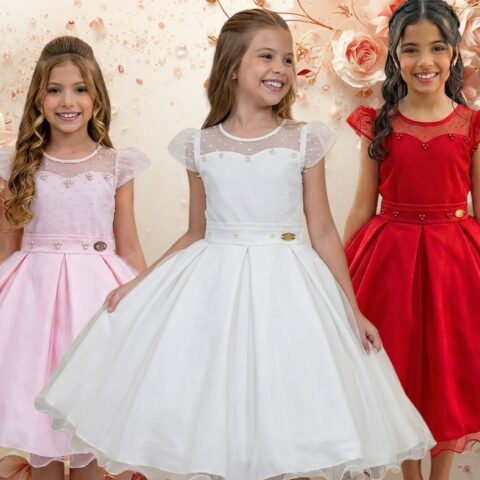 Vestido Infantil Isabela Mini Miss com Saiote Tule Poá