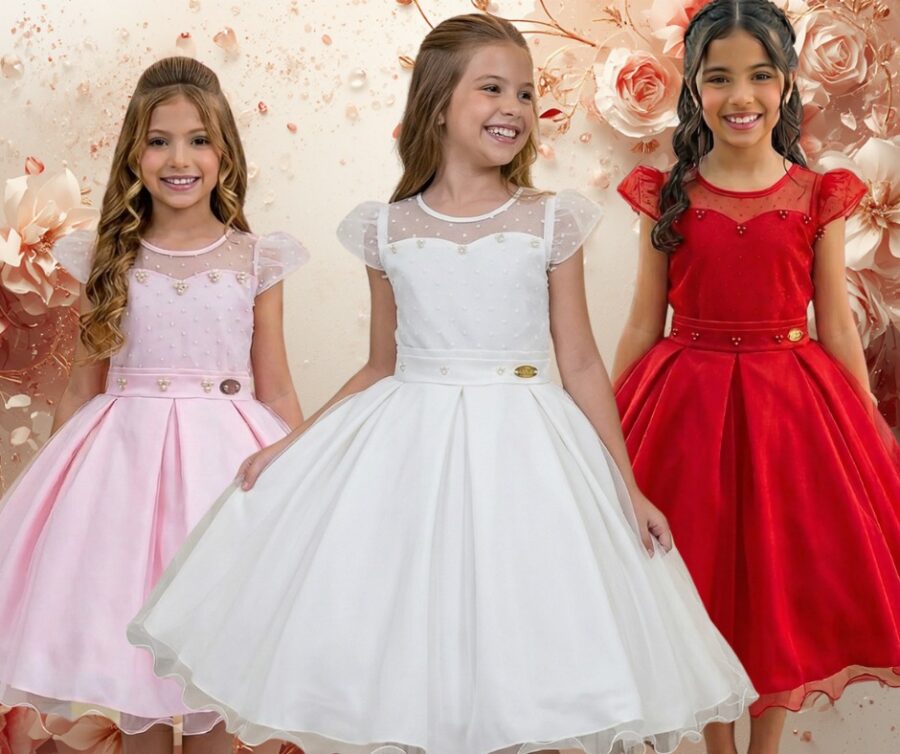 Vestido Infantil Isabela Mini Miss Tule Micro Poá Pérolas