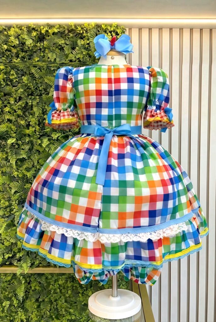 Vestido Junino Infantil Caipira Xadrez Azul Colorido