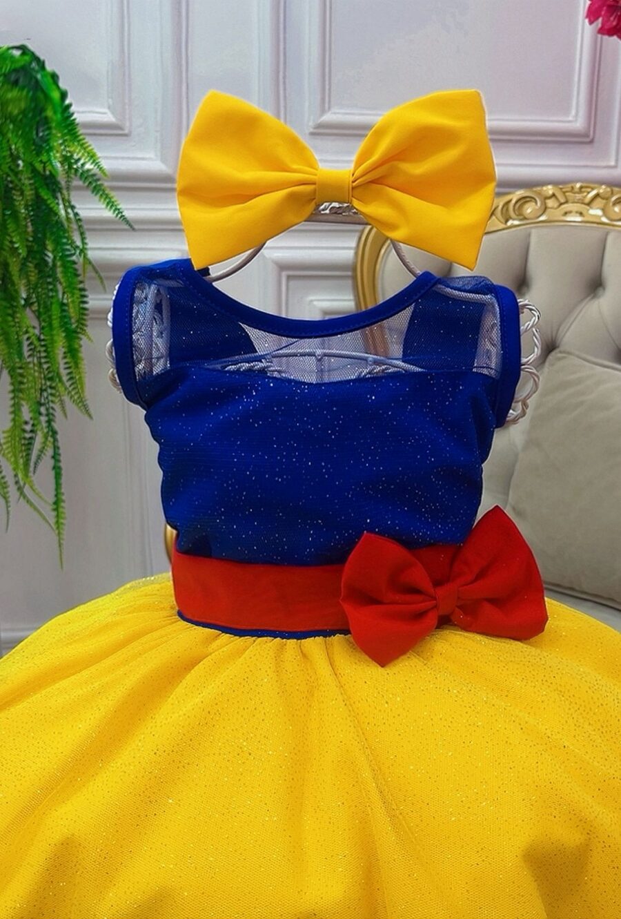 Fantasia Infantil Branca de Neve Vestido com Glitter e Capa