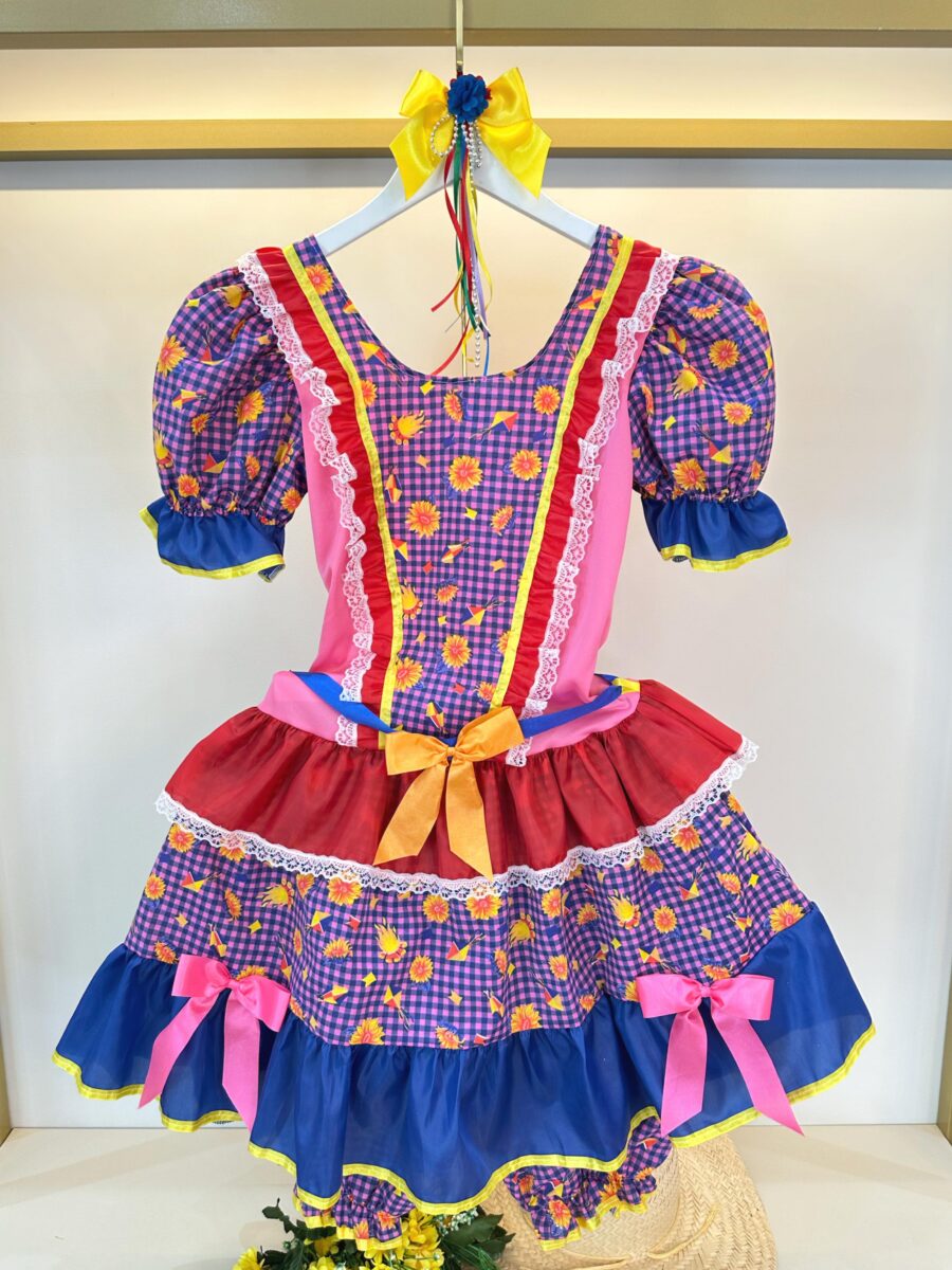 Fantasia Junina Adulto Vestido Arraiá Lilás Xadrez