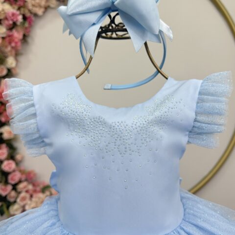 Vestido Infantil Azul Claro Busto com Strass Saia Babados